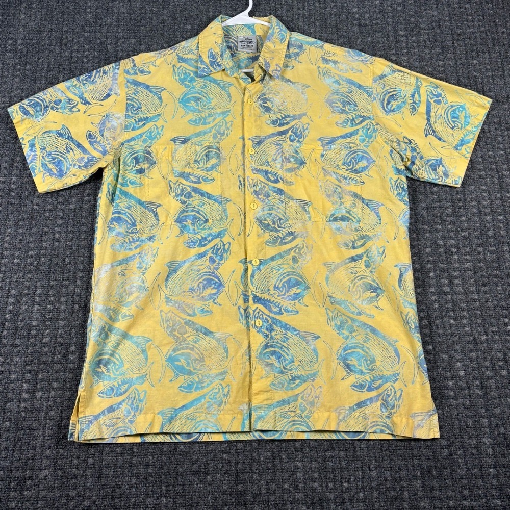Rum Reggae Fish Print Button Up Shirt Short Sleeve Cotton Size M Yellow Blue